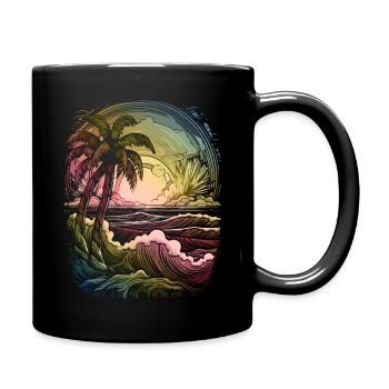 Soleil, Coucher de soleil, Mer, Palmiers, Vacances, Été - Mug uni - noir - Droite
