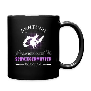 Schwiegermutter Hexe am Besen mit Katze im Anflug - Tasse einfarbig - Schwarz - Rechts