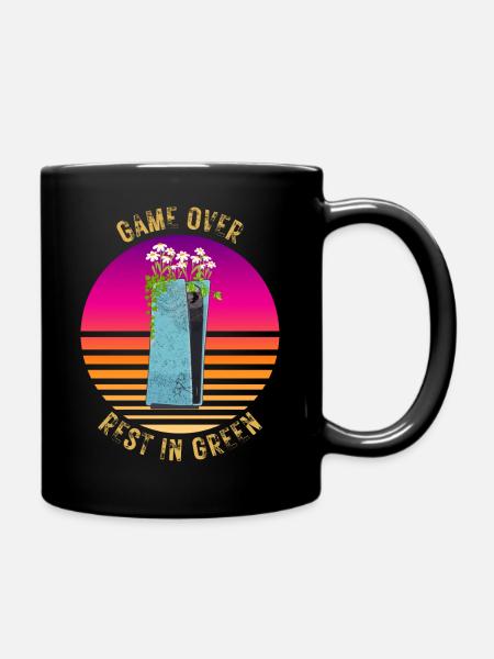 CONSOLE BROKEN! GAME OVER REST IN GREEN - Full Colour Mug - black