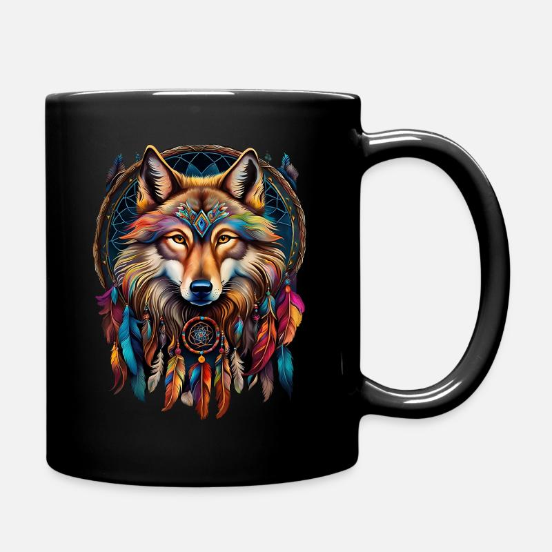 Wolf und Traumfänger - Tasse einfarbig - Schwarz