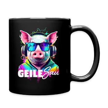 Ein Blickfang in jedem Raum: Unsere GeileSau DJ - Tasse einfarbig - Schwarz - Rechts