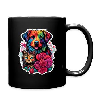 Hund, Katze und Rose - Tasse einfarbig - Schwarz - Rechts