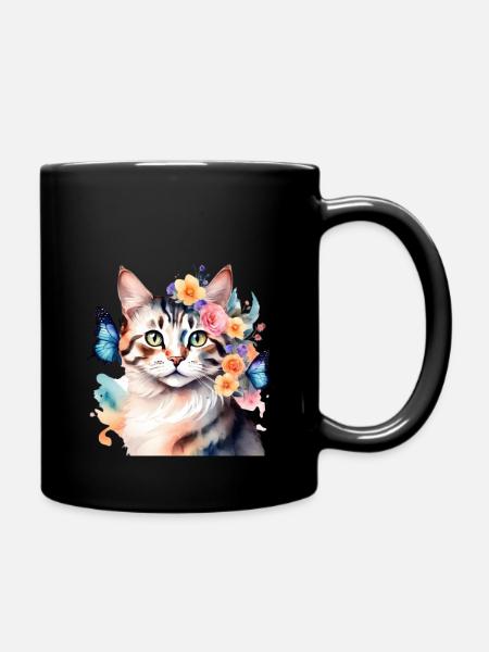 Aquarelle chat avec papillons - Mug uni - noir