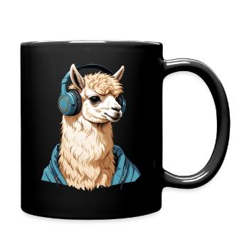 Alpaca listening to music with headphones - Full Colour Mug - black - Right