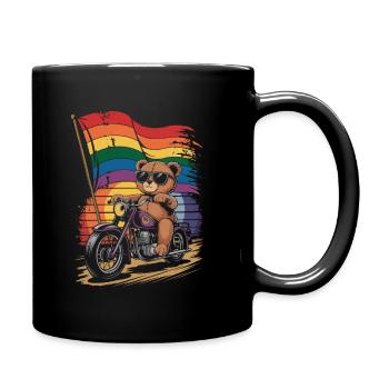 Teddy Bear Rides Motorcycle LGBTQ Rainbow Banner - Full Colour Mug - black - Right