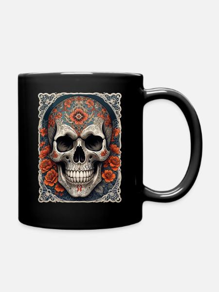 Tête de mort skull encadrée et fleurs orange - Mug uni - noir