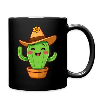 Smiling Cactus in Rustic Pot, Ready for Adventure - Full Colour Mug - black - Right