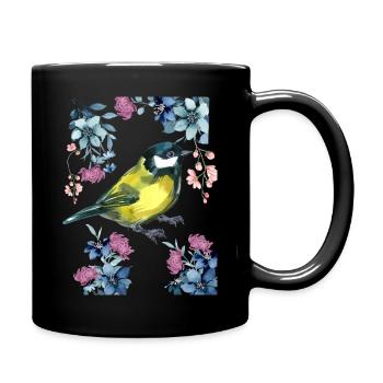 Sparrow and flowers - Full Colour Mug - black - Right
