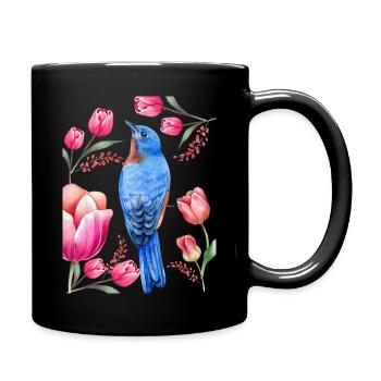 Blue bird and tulips - Full Colour Mug - black - Right