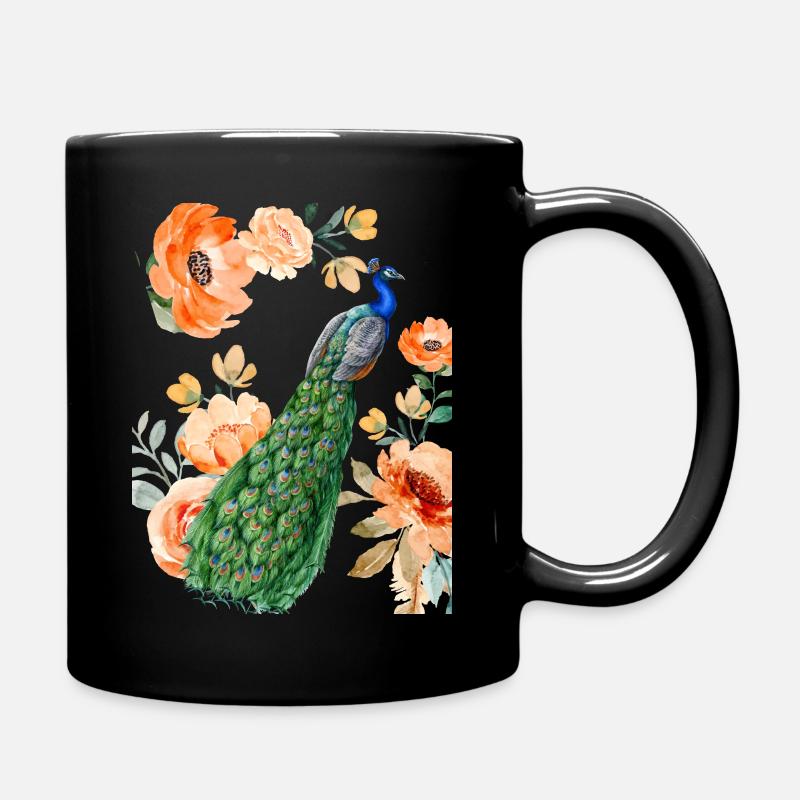 Peacock and daisys - Full Colour Mug - black
