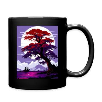 Arbre devant la lune en mer avec navire art stylisé - Mug uni - noir - Droite