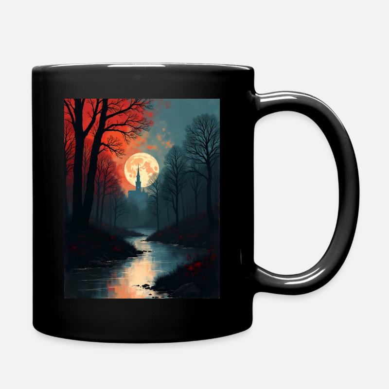 Mystische Waldlandschaft mit Fluss unter Vollmond - Tasse einfarbig - Schwarz