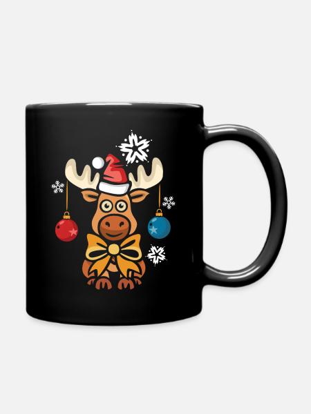 Weihnachtlicher Elch mit Mütze und Schleife - Tasse einfarbig - Schwarz