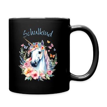 Romantisches Einhorn Blumenkranz - Schulkind 2026 - Tasse einfarbig - Schwarz - Rechts