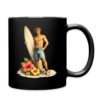 Surfer with board on tropical beach - Full Colour Mug - black - Right
