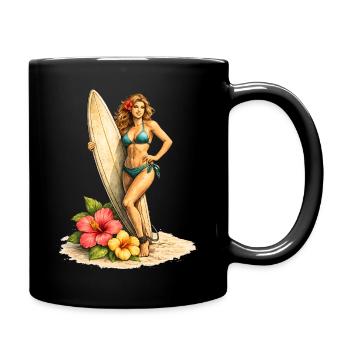 Surfer with board and hibiscus flowers - Full Colour Mug - black - Right