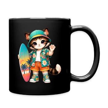 Kawaii tropical surfer cat - Full Colour Mug - black - Right