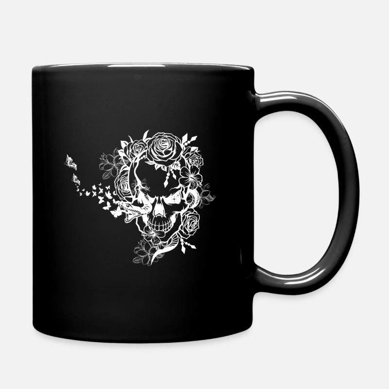 Skull with roses, butterflies and snake - Full Colour Mug - black