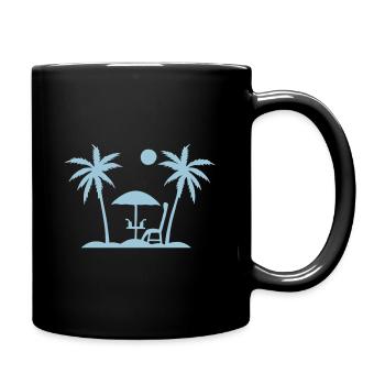 Palmen, Sonnenschirm, Stuhl, Strand - Tasse einfarbig - Schwarz - Rechts