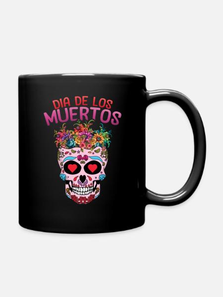 Herz Mexikanische Blumenmuertos Tag der Toten Halloween - Tasse einfarbig - Schwarz