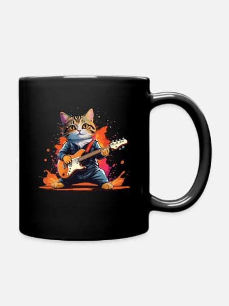 Cartoon Cat Plays Guitar Instruments Rock Cute - Full Colour Mug - black