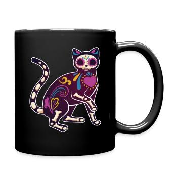 Katze Blumen Skelett Muertos Tag Des Toten Halloween - Tasse einfarbig - Schwarz - Rechts