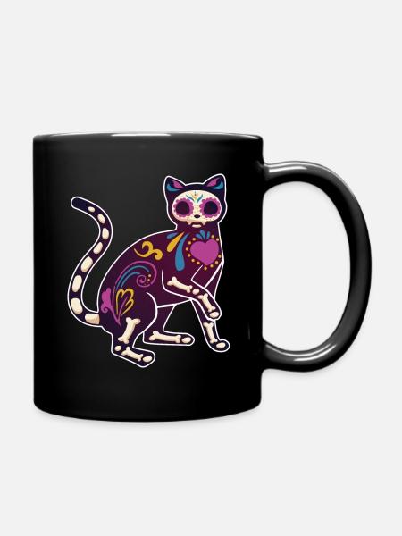 Katze Blumen Skelett Muertos Tag Des Toten Halloween - Tasse einfarbig - Schwarz