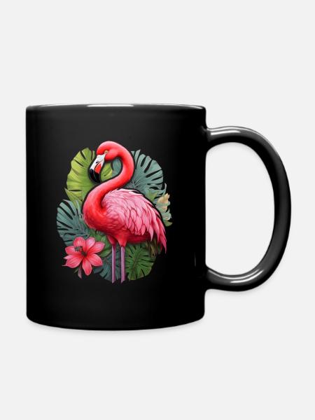 Flamingo mit tropischen Blättern - Tasse einfarbig - Schwarz
