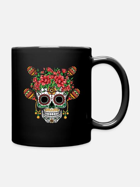 Bunter Totenkopf Mit Blumenkranz - Tasse einfarbig - Schwarz