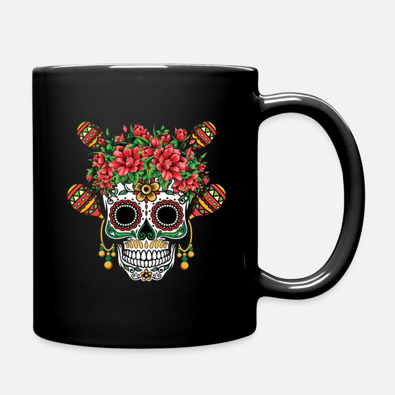 Bunter Totenkopf Mit Blumenkranz - Tasse einfarbig - Schwarz