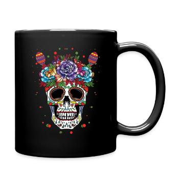 Bunte Totenkopf-Kunst Mit Blumen - Tasse einfarbig - Schwarz - Rechts