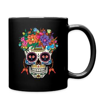 Bunter Totenkopf Mit Blumenkranz Kunst - Tasse einfarbig - Schwarz - Rechts