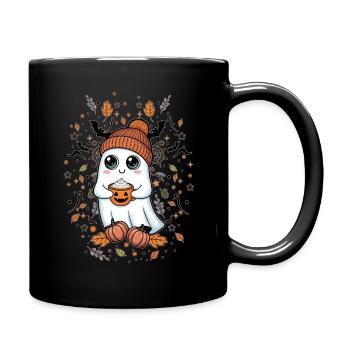 Cute Ghost Drinking Coffee Pumpkin - Full Colour Mug - black - Right