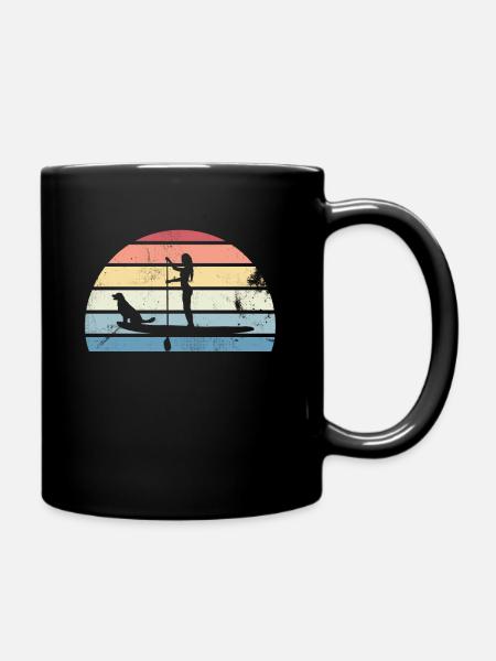 Retro Paddleboarding Girl with Dog Sunset Gift - Full Colour Mug - black