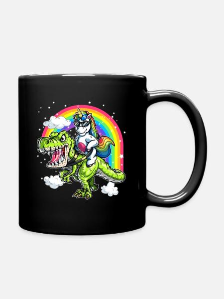 Unicorn On T Rex Tyrannosaurus Birthday Party - Full Colour Mug - black