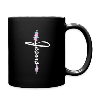 Jesus cross lettering with flowers - Full Colour Mug - black - Right