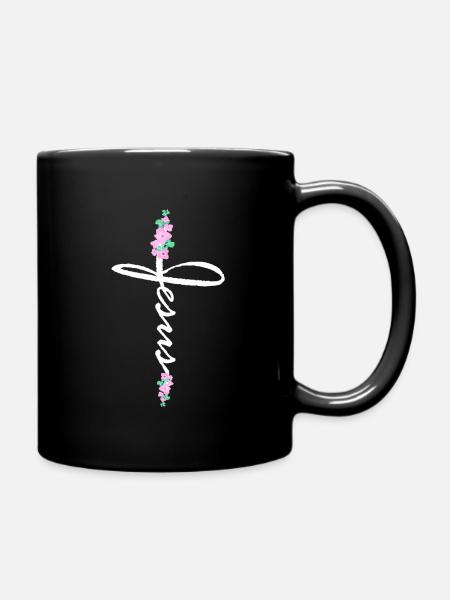 Jésus croix lettrage avec des fleurs - Mug uni - noir