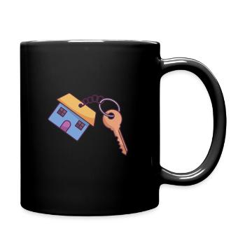 Ein Schlüsselanhänger in der Form eines blauen Hauses mit einem Schlüssel - Tasse einfarbig - Schwarz - Rechts