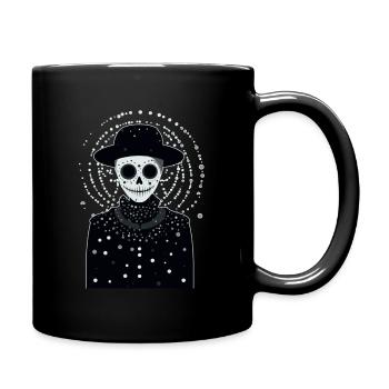 Un squelette blanc souriant portant un chapeau et un manteau - Mug uni - noir - Droite