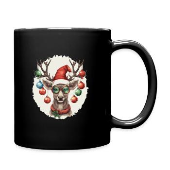 Rentier mit Weihnachtskugeln und Mütze - Tasse einfarbig - Schwarz - Rechts