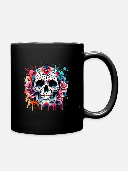 Bunter Totenkopf für Karnival, Halloween und Día - Tasse einfarbig - Schwarz