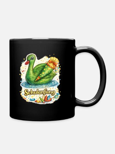 Schulanfang-Schwan mit Geschenk - Tasse einfarbig - Schwarz