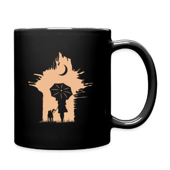 Mum silhouette with dog in rain umbrella - Full Colour Mug - black - Right