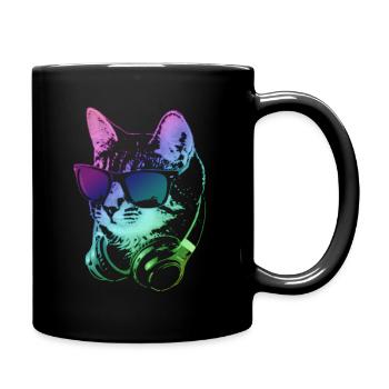 DJ Cat In Neon Lights - Full Colour Mug - black - Right