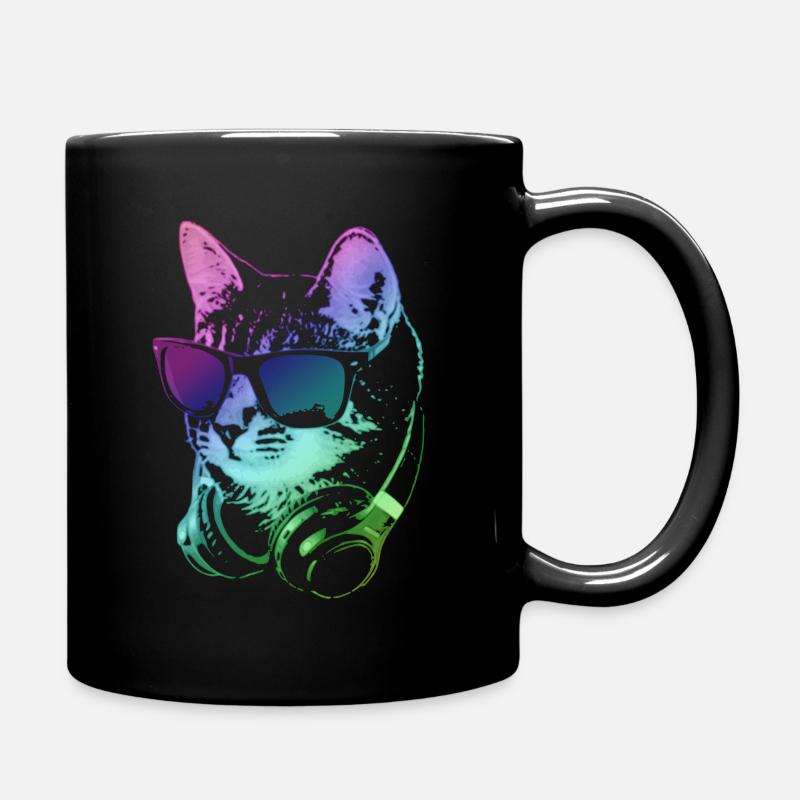 DJ Cat In Neon Lights - Full Colour Mug - black