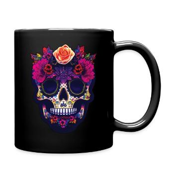 Masque de crâne de sucre, Jour des morts avec des fleurs - Mug uni - noir - Droite