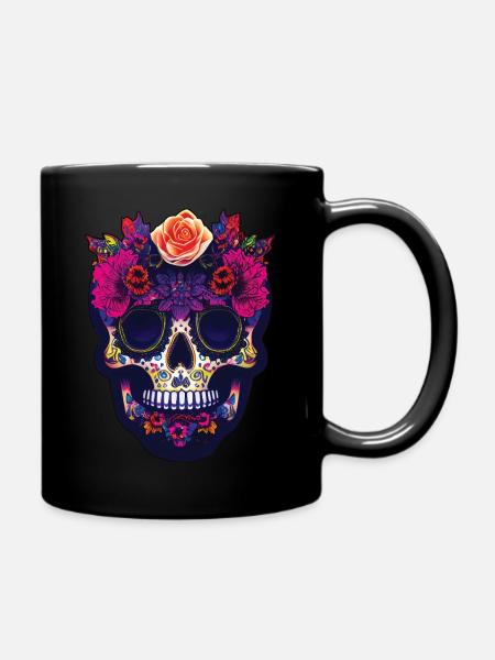 Zucker Totenkopf Maske, Tag der Toten mit Blumen - Tasse einfarbig - Schwarz