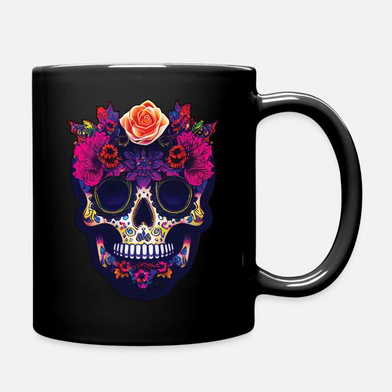 Zucker Totenkopf Maske, Tag der Toten mit Blumen - Tasse einfarbig - Schwarz