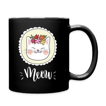 Niedliche Kawaii lustige Katze mit Blumen, die Miauen sagen - Tasse einfarbig - Schwarz - Rechts