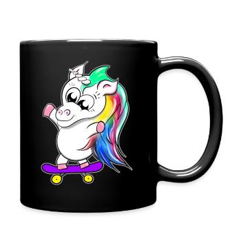 Einhorn auf Skateboard - Tasse einfarbig - Schwarz - Rechts